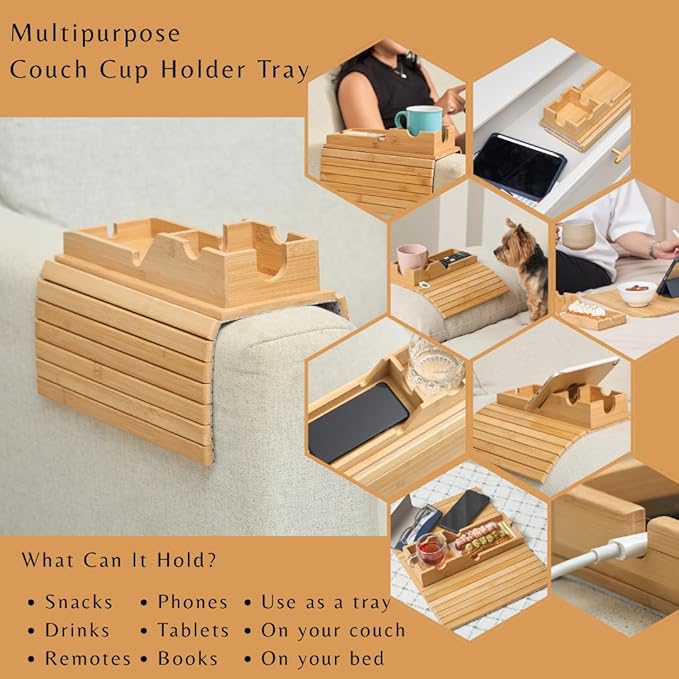 Couch Cup Holder Tray - Portable Sofa Arm Tray Table - Anti-Spill Armchair Caddy Couch Arm Table Snack Organizer with Removable Tray - Remote Control Holder Perfect for Cups, Snacks, Phone