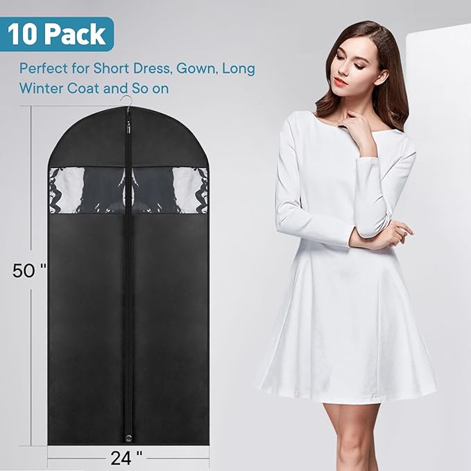 50" Black Garment Bag, Mens Suit Bags for Closet Storage and Travel, Garment Bags for Hanging Clothes, Suit Cover Bags with Zipper for Coats, Dresses, Shirts, 10 Packs
