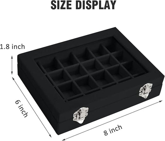 Velvet Jewelry Box 24 Grid Jewelry Ring Display Organiser Box Tray Holder Earrings Storage Case for Girls Wife Mom Women (Black)