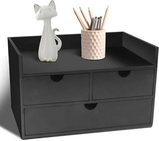 Bamboo Desk Organizer 3 Drawer with Shelf, Countertop Organizer with Drawers Makeup Storage Drawer 3 Drawers Tabletop Storage Organization Box Home Office Workspace（Black）