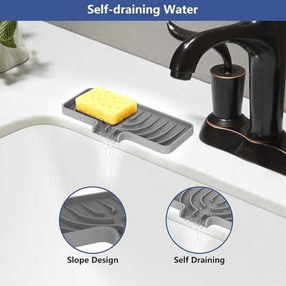 Silicone Sponge Holder for Kitchen Sink With Drain Spout, Self Draining, Kitchen Soap Tray, Bathroom Organizer, Sink Caddy, Perfect for Dispenser, Scrubber, Bottle, Cup on Counter-10"×4" (Grey)