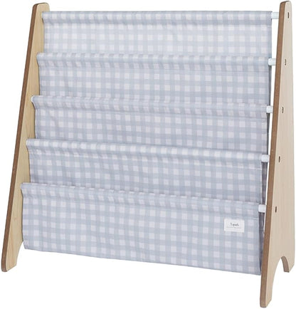 3 Sprouts Recycled Fabric Kids Bookshelf – 4-Tier Sling Book Rack Organizer - Nursery Room Playroom Classroom Wooden Book Shelves - Kid Bookcase Wood Storage Shelf for Toddler Age 3+ - Gingham Blue