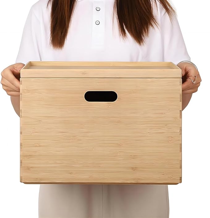 Large 14.6”x10.2”x9.6” Lidded Bamboo Storage Bins - Stackable with Handles, Box/Cube/Basket for Home Kitchen Office, Organize Tableware Toys Crafts Books