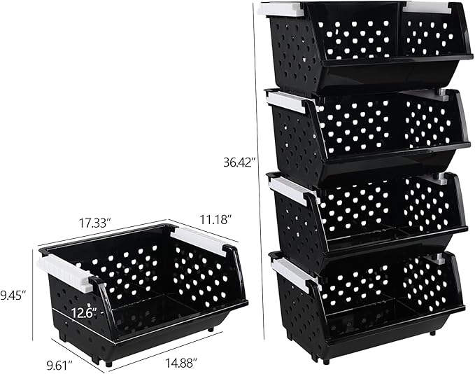 4-Pack Plastic Stacking Storage Basket, Stackable Organizer Baskets Bin, Black