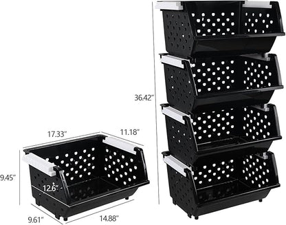 4-Pack Plastic Stacking Storage Basket, Stackable Organizer Baskets Bin, Black
