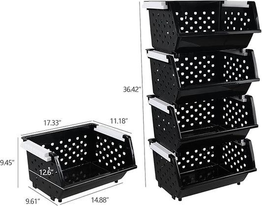 Plastic Stacking Storage Basket 4 Packs, Stackable Organizer Baskets Bin, Black