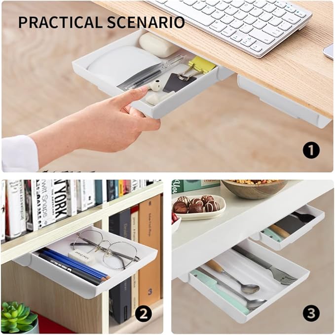 YOOUSOO 2 Pack Under Desk Drawer Organizer, Slide Out Pencil Holder, Desk Drawer Attachment, Plastic Desk Accessories & Workspace Organizers, Hidden Desktop Organizer Self-Adhesive