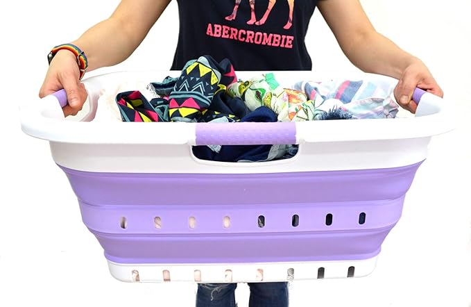 SAMMART 41L (10.8 gallon) Set of 2 Collapsible 3 Handled Plastic Laundry Basket-Foldable Pop Up Storage Container/Organizer-Space Saving Hamper/Basket (2, White/Lt. Purple)