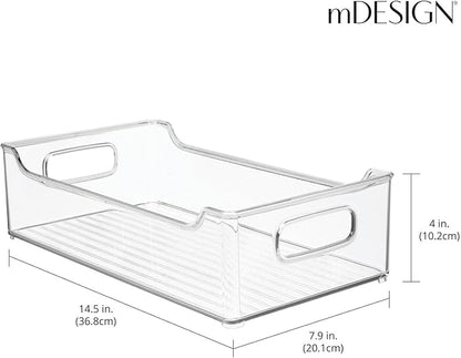 mDesign Wide Plastic Kitchen Storage Container Bins with Handles -Organization in Pantry, Cabinet, Refrigerator or Freezer Shelves - Food Organizer for Fruit, Yogurt, Squeeze Pouches - 4 Pack - Clear