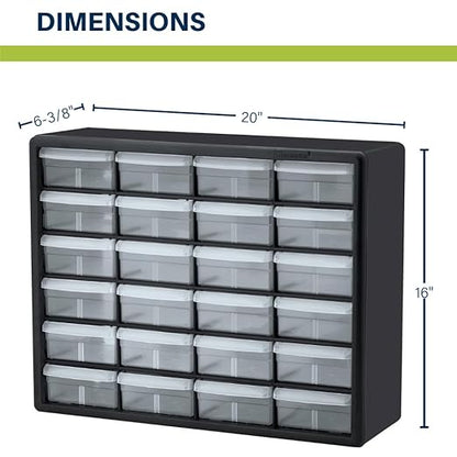 Akro-Mils 24-Drawer Plastic Storage Cabinet | 20" W x 6" D x 16" H | Black | Model 10124 | Garage Organization