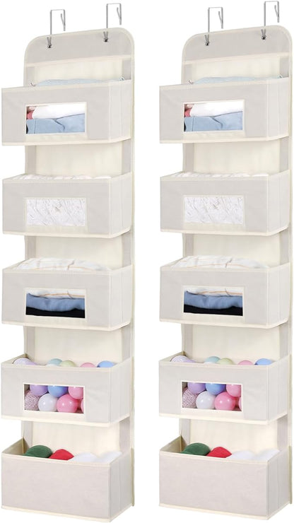 MAX Houser 5-Shelf Over The Door Hanging Organizer with 2 Metal Hooks，5 Pocket Over The Door Wall Mount Storage with Clear Windows for Baby Nursery Bathroom Closet,Bedroom,Dorm(Beige-2 Pack)