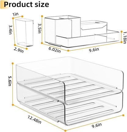 YKLSLH Paper Organizer Letter Tray - Acrylic Stackable Desk File Organizer with 5-Gird Tray and Pencil Holder, Clear Paper Sorter Office Organizer for Letter/A4, Office File Ipad Books Notes Etc