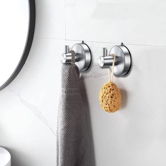 DGYB Suction Cup Hooks for Shower Set of 2 Brushed Nickel Towel Hooks for Bathrooms SUS 304 Stainless Steel Shower Hook for Loofah 15 Lb Bathroom Hook for Towels