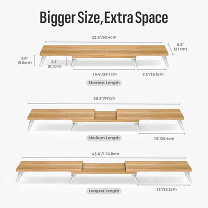 loukin Dual Monitor Stand Riser for Desk, 43.6"*8.2"*3.2" Large Computer Stand for 2 Monitors, Laptop, Printer, Length and Angle Adjustable Computer Shelf, Home Office,Max 43.6" Length Natural