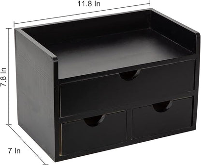 Black Bamboo Desk Organizer Wooden Storage Cabinet 3 Drawers with Shelf Tabletop Organization Box Home Office Workspace Bathroom Toiletries Supplies Caddy Vanity Makeup Stationery Holder
