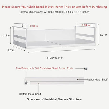 Expandable Under Cabinet Shelf Organizer with 0.94-Inch Thick Clips, Heavy Duty Extendable Under Shelf Storage Basket for Pantry or Laundry Room, White, 2 Pack, Interior: 4.13" H x 8.54" D