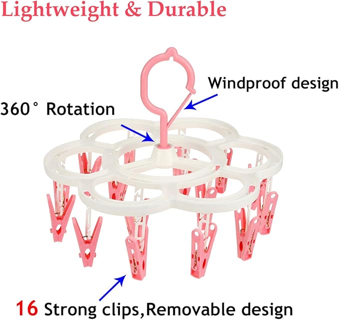 Clothespin Rack Laundry Drying Rack,Clothes Hangers with 16 Clips,Clip Hanger Drip Hanger for Drying Underwear,Baby Clothes,Socks,Bras,Towel,Pants,Hat,Scarf,Cloth Diapers,Gloves (Pink)