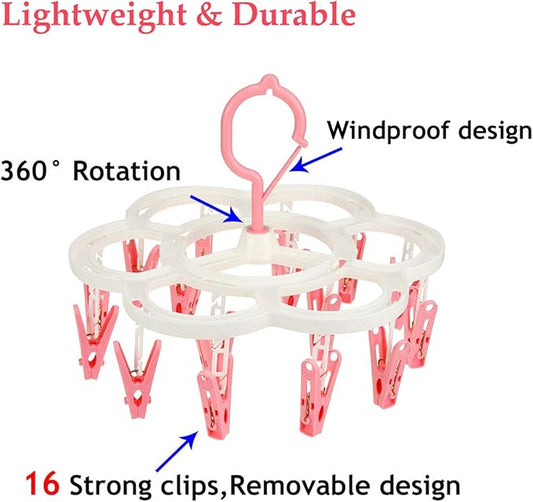 Clothespin Rack Laundry Drying Rack,Clothes Hangers with 16 Clips,Clip Hanger Drip Hanger for Drying Underwear,Baby Clothes,Socks,Bras,Towel,Pants,Hat,Scarf,Cloth Diapers,Gloves (Pink)