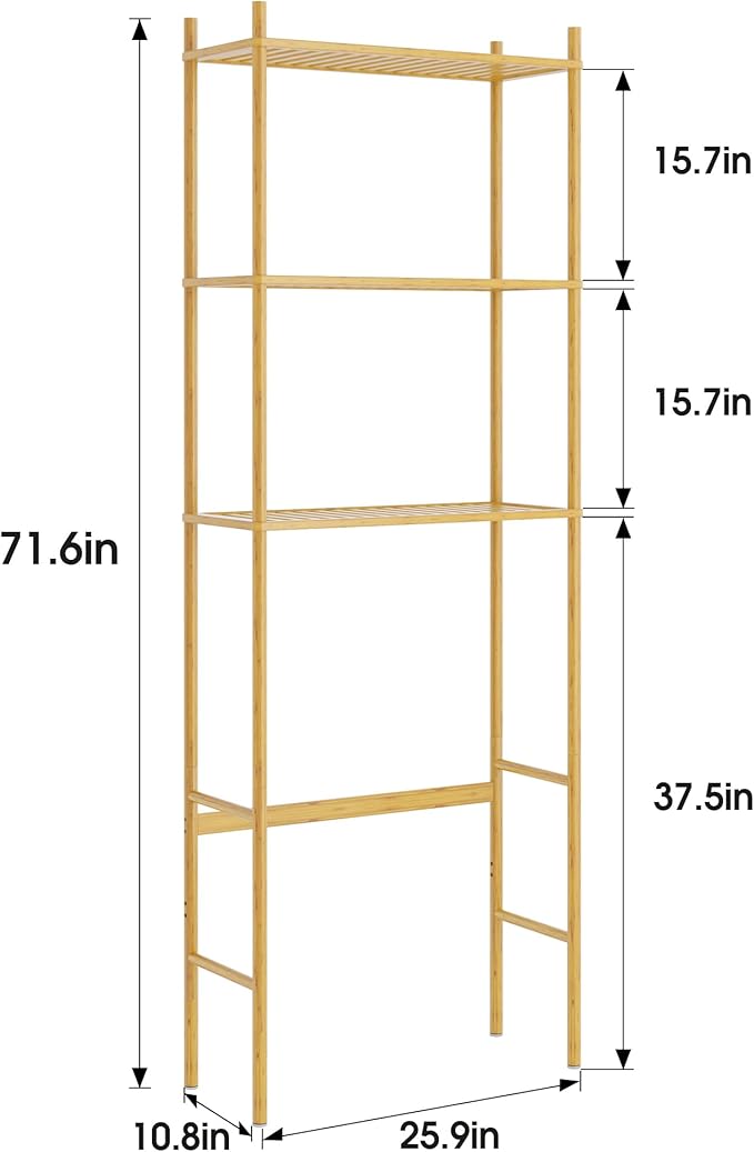 QSN SILK LU 3 Tier Over The Toilet Organizer Rack Bamboo, Freestanding Bathroom Toilet Storage Shelf, Space Saving and Easy to Install, Adjustable Feet, Adjustable Bottom Rod