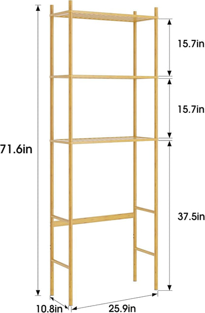 QSN SILK LU 3 Tier Over The Toilet Organizer Rack Bamboo, Freestanding Bathroom Toilet Storage Shelf, Space Saving and Easy to Install, Adjustable Feet, Adjustable Bottom Rod