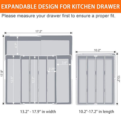 Silverware Organizer for drawer - Adjustable Kitchen Drawer Organizer Utensil Drawer Organizer, Expandable Silverware Tray for Drawer Utensil Organizer for Forks, Knives, Grey