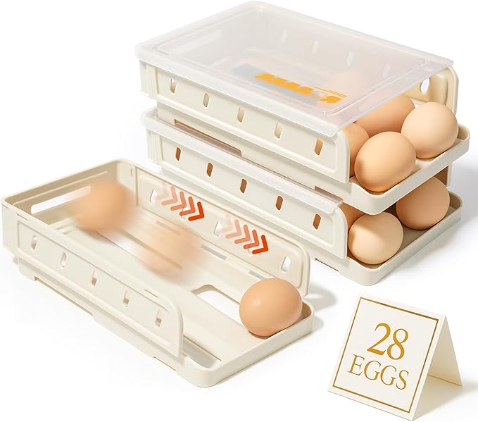 Automatic Rolling Egg Holder for Refrigerator, 1-Pack Stackable Egg Storage Containers, Smooth Glide Track, Steady Base & Dishwasher Safe