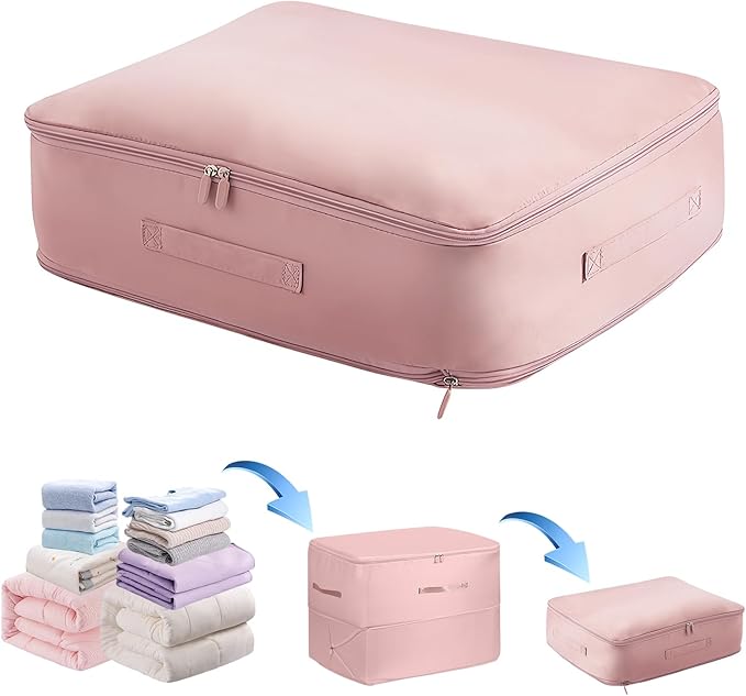 Ultra Space Saving Self Compression Organizer,Storage Bags,Heavy Duty Moving Bags,Storage Tote for Space Saving, Self Compression Moving Organizer Bags for Comforters,Clothes, Blankets(Pink, L)