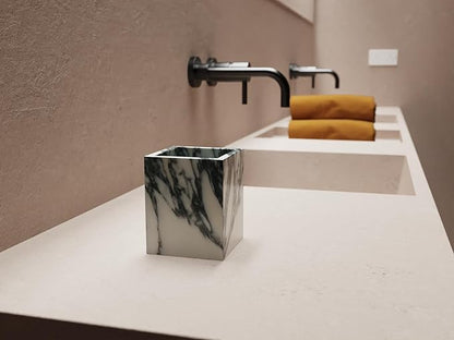 Marble Toothbrush Holder – 4.1" Genuine Stone Bathroom Cup for Makeup Brushes, Pens & Utensils | Natural Marble Organizer for Vanity, Countertop & Home Décor (Arabescato White & Grey)