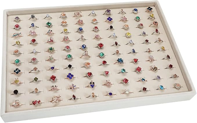 Stratelife Velvet Ring Storage Jewelry Tray Stackable Jewelry Display Drawer Organizer 100 Slots Jewelry Holder Case Jewelry Tray for Display (Beige)