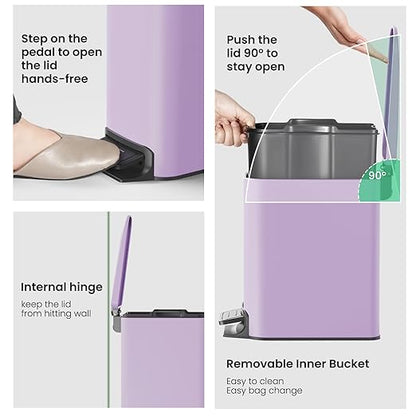 Cesun Small Bathroom Trash Can with Lid Soft Close, Step Pedal, 6 Liter / 1.6 Gallon Stainless Steel Garbage Can with Removable Inner Bucket, Anti-Fingerprint Finish (Purple)