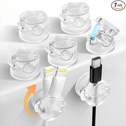 Magnetic Cord Holder for Desk & Nightstand, 7-Pack 360° Rotatable Cable Clips Organizer - Strong Adhesive Fits 8mm Lots for Phone Charger Cords & Wires, Clear