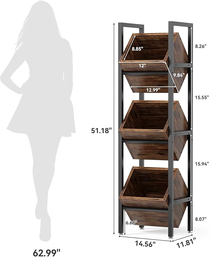 LITTLE TREE 3-Tier Basket Stand, Wooden Floor Stand Shelving Unit, Rustic Standing Organizer Storage Rack for Kitchen, Bathroom, Living Room (2, Rustic Brown)
