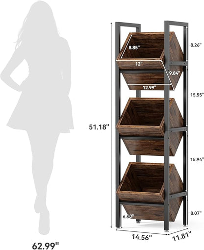 LITTLE TREE 3-Tier Basket Stand, Wooden Floor Stand Shelving Unit, Rustic Standing Organizer Storage Rack for Kitchen, Bathroom, Living Room (2, Rustic Brown)