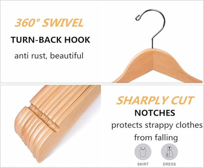 Amber Home 10 Pack Natural Wooden Shirt Hangers, Premiun Wood Coat Hangers Without bar, Clothes Hangers for Jacket, Bridal (Natural, 10)