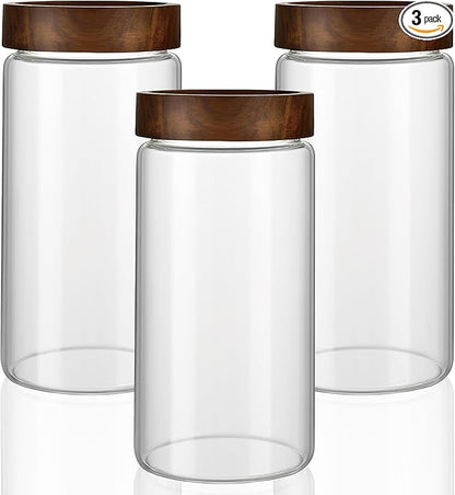 3 Pack 40 fl oz/1200 ml Clear Glass Storage Canister with Airtight Wooden Screw On Lid, Large Tall Decorative Glass Container Jar Set for Coffee, Nut, Tea, Candy, Cookie, Cereal, Sugar, Flour