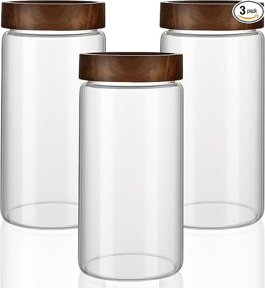 3 Pack 40 fl oz/1200 ml Clear Glass Storage Canister with Airtight Wooden Screw On Lid, Large Tall Decorative Glass Container Jar Set for Coffee, Nut, Tea, Candy, Cookie, Cereal, Sugar, Flour