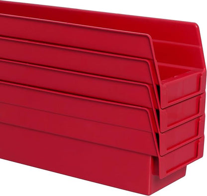 Akro-Mils 30128 Plastic Shelf Bins, Heavy Duty Storage Bins for Garage, Closet, and Drawer Organization, 18-Inch x 4-Inch x 4-Inch, Red, 12-Pack