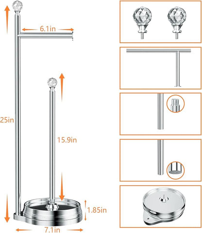 Toilet Paper Holder for Bathroom, Heavy Weighted Metal Free Standing Toilet Paper Holder Stand with Crystal Ball, Toilet Paper Roll Stand for Bathroom Accessories