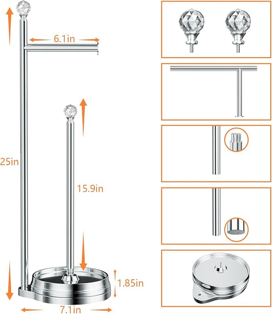 Toilet Paper Holder for Bathroom, Heavy Weighted Metal Free Standing Toilet Paper Holder Stand with Crystal Ball, Toilet Paper Roll Stand for Bathroom Accessories