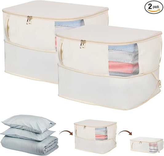 Comforter Storage Bag, Large Capacity Blanket Storage Bags with Visual Window, Ultra Space Saving Self Compression Organizer, Washable Compression Bag for Down Jacket, Pillow, Bedding 2-Pack 40L Beige