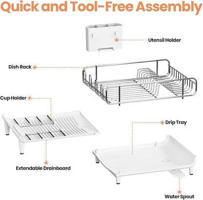 TOOLF Dish Drying Rack - Large Expandable Dish Rack for Kitchen Counter, Stainless Steel Dish Drainer for Kitchen Organization with Cutlery ＆ Cup Holder,White