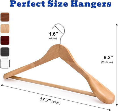 HOUSE DAY Wide Shoulder Wooden Hangers, Suit Hangers with Non Slip Pants Bar, Smooth Finish 360° Swivel Hook High-Grade Solid Wood Coat Hangers for Dress, Jacket, Heavy Clothes Hanger 6 Pack (Natural)