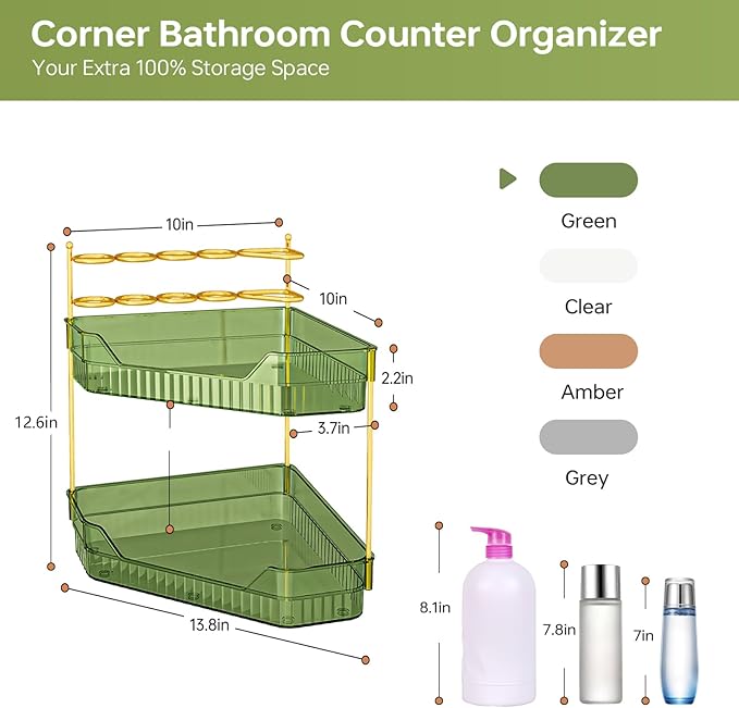 ZZWILLB Corner Bathroom Counter Organizer with Makeup Brush Holder & Toothbrush Holders, Makeup Organizer for Vanity Countertop, Acrylic Skincare Storage Shelf (Green, 2-Tier)