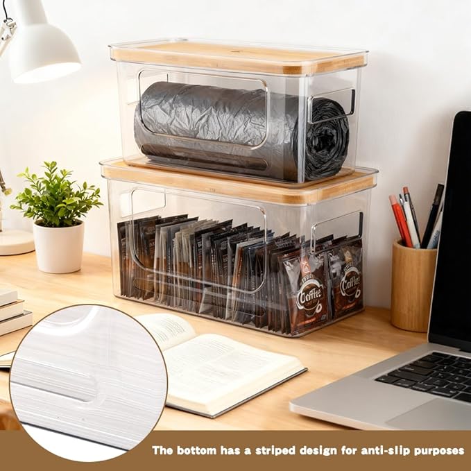 Trash Bag Dispenser Holder -Plastic Garbage Bag Pantry Organizer, Clear Large Laundry Pods Container with Lid, Stackable Under Sink Kitchen Laundry Room Organization and Storage