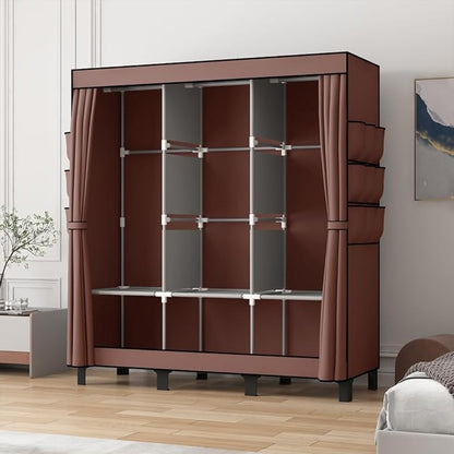 Portable Wardrobe, Clothes Organizer, Easy Hanger Wardrobe, Multiple Dividers and 3 Drawers, 6 Side Pockets Large Capacity (Coffee)