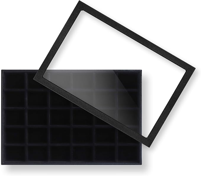 Wudygirl Jewelry Organizer 30 Grid Jewelry Tray with Lid Earring Holder Organizer for Women Ring Earring Bracelet Holder Storage (Pu Black)
