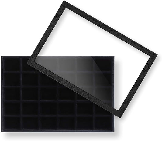 Wudygirl Jewelry Organizer 30 Grid Jewelry Tray with Lid Earring Holder Organizer for Women Ring Earring Bracelet Holder Storage (Pu Black)