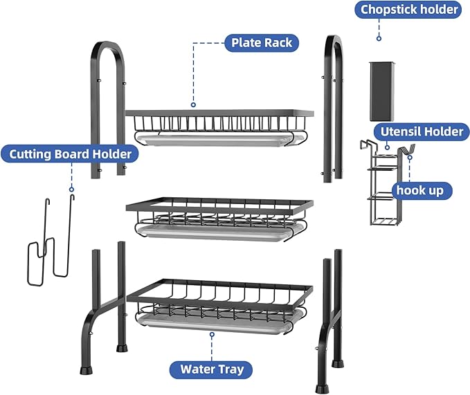 HOISIMDY Dish Drying Rack 3 Tier Large Capacity Kitchen Dish Draining Rack Countertop Cultery Drainer with Drip Tray
