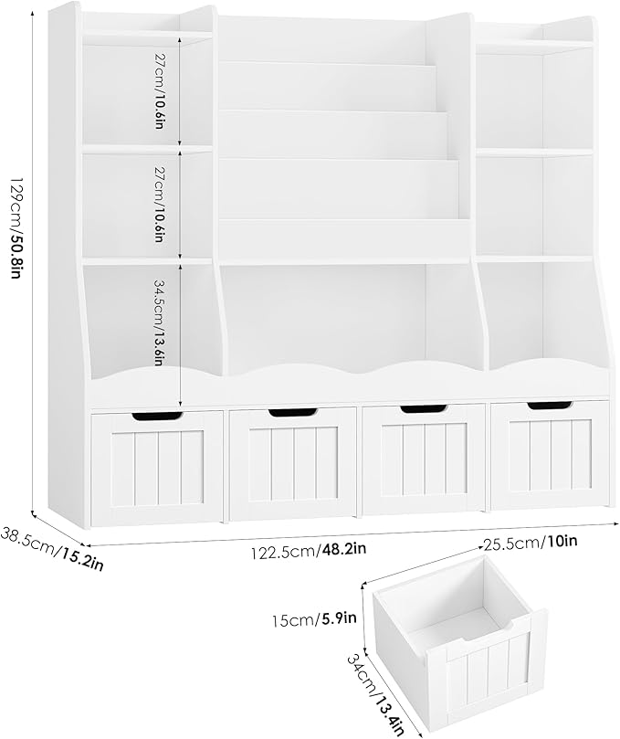 FINETONES Toy Storage Kids Bookshelf, Toy Organizer Book Shelf for Kids Room with 4 Movable Drawers and 7 Storage Cubbies, Playroom Storage Toy Storage Cabinet for Living Room, White