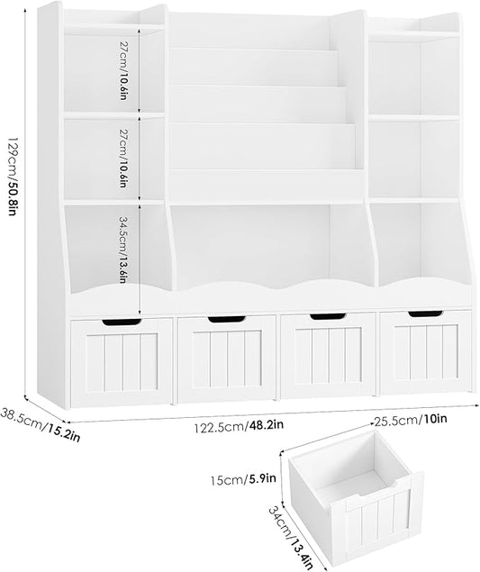 FINETONES Toy Storage Kids Bookshelf, Toy Organizer Book Shelf for Kids Room with 4 Movable Drawers and 7 Storage Cubbies, Playroom Storage Toy Storage Cabinet for Living Room, White